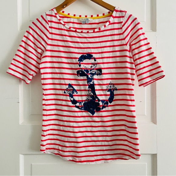 Boden Tops - Boden Striped Nautical Anchor Shirt - Red White Striped